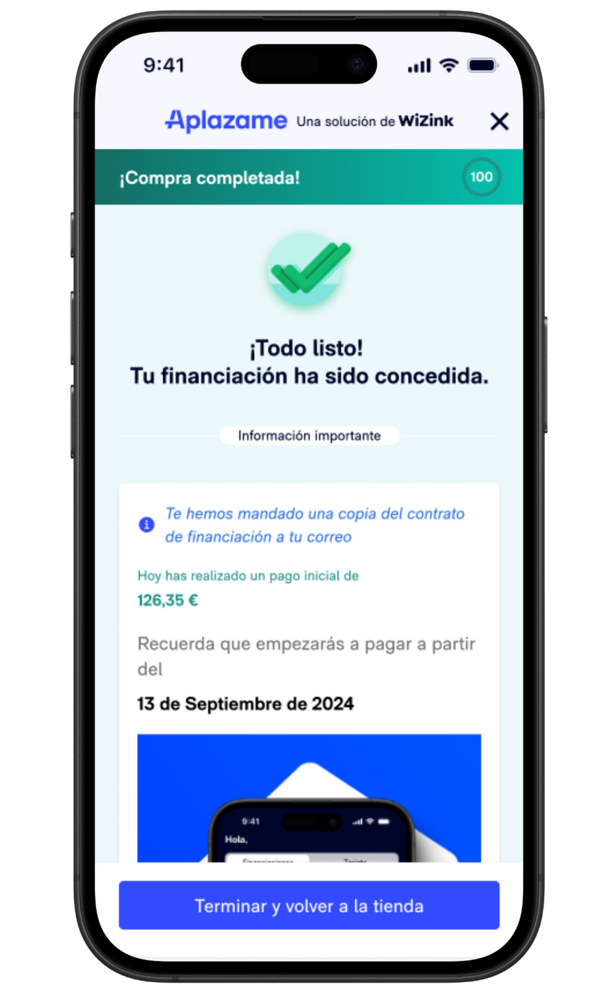Confirmación de financiación de Aplazame