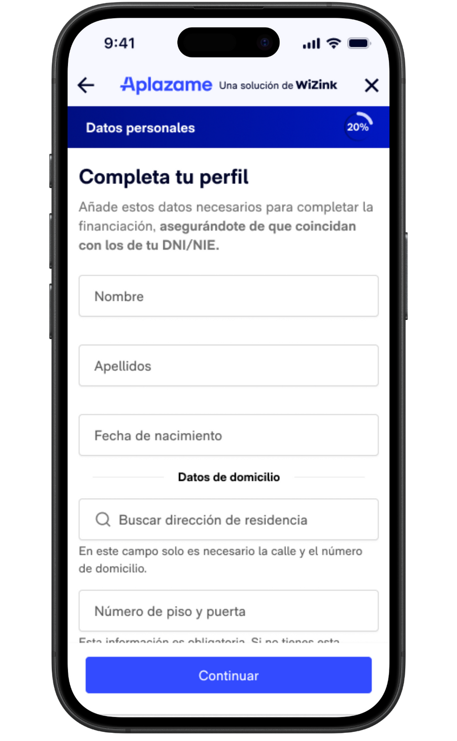 Solicitud de datos personales de Aplazame