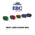 Pastillas de freno EBC Seat León Cupra / FR Mk3 (5F): Greenstuff, Redstuff, Yellowstuff, Bluestuff y RP-X
