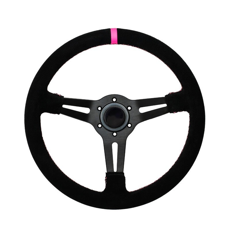 Volante desplazado 70 mm ante negro con costura rosa, vista frontal