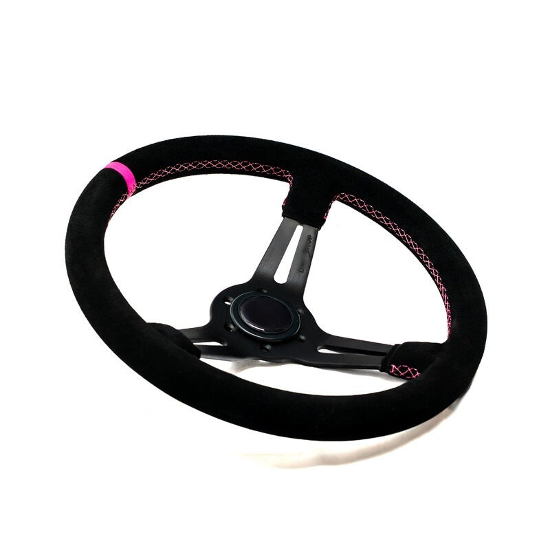 Volante desplazado 70 mm ante negro costura rosa, vista lateral